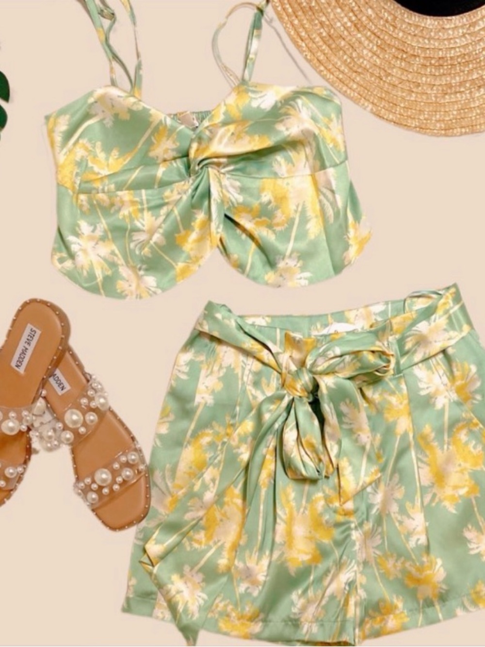 Luxxel High-Waist Floral Short set in Mint Green and Yellow